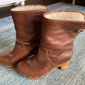 Ugg Lynea Brown Leather Shearling Wood Heel Platform Clog Boot Women’s Size 7